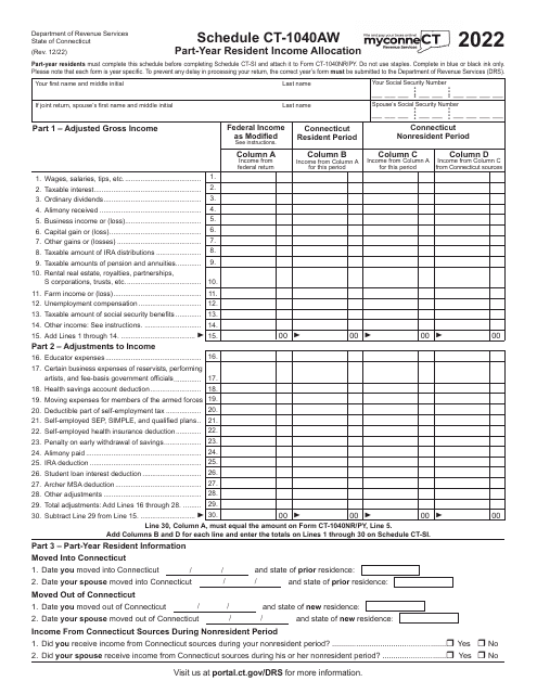 Schedule CT-1040AW Part-Year Resident Income Allocation - Connecticut, 2022