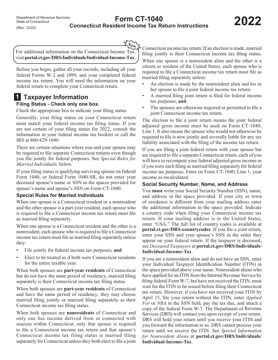 Download Instructions for Form CT1040 Connecticut Resident Tax