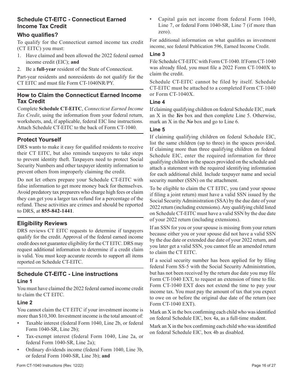 Download Instructions For Form Ct 1040 Connecticut Resident Income Tax Return Pdf 2022 7779