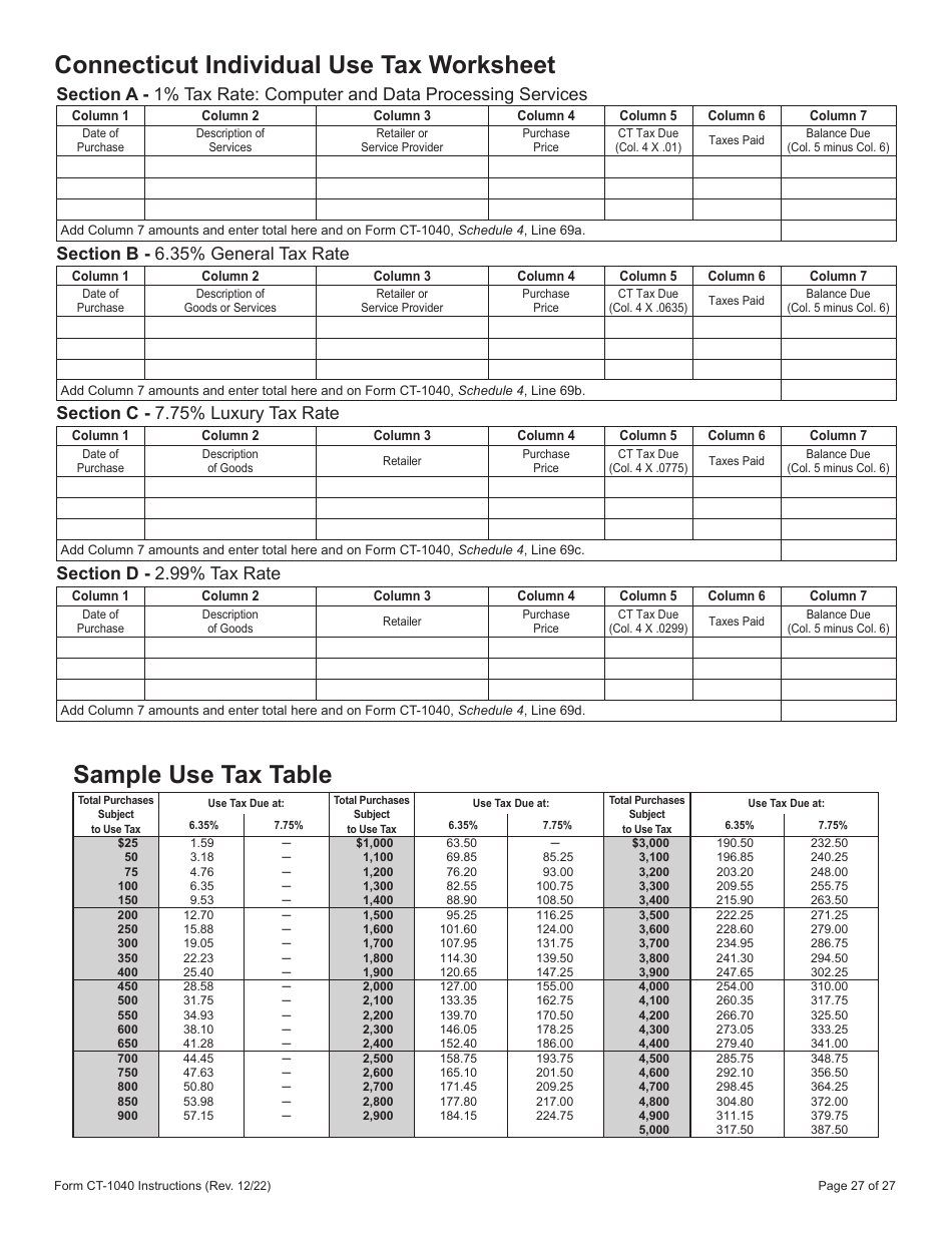 Download Instructions for Form CT-1040 Connecticut Resident Income Tax ...