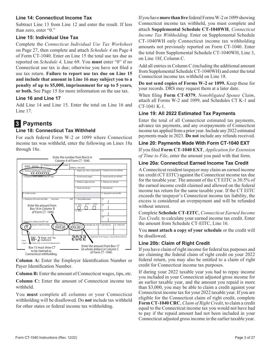 Download Instructions For Form Ct 1040 Connecticut Resident Income Tax Return Pdf 2022 3122