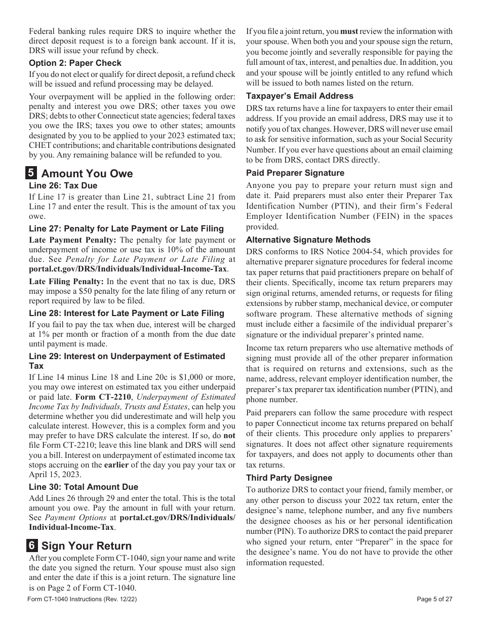 Instructions for Form CT-1040 Connecticut Resident Income Tax Return - Connecticut, Page 5