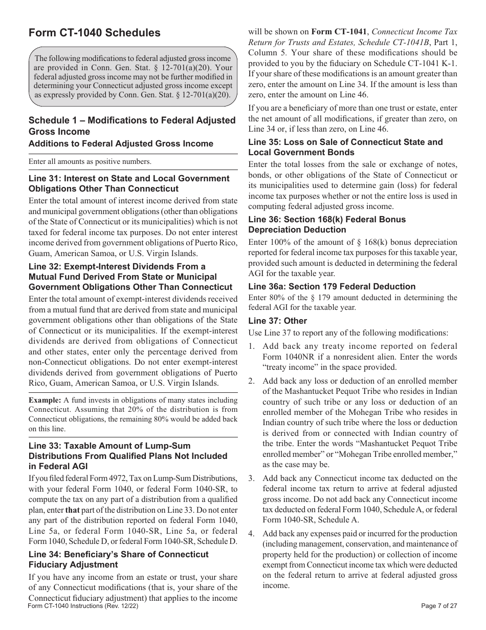 Instructions for Form CT-1040 Connecticut Resident Income Tax Return - Connecticut, Page 7