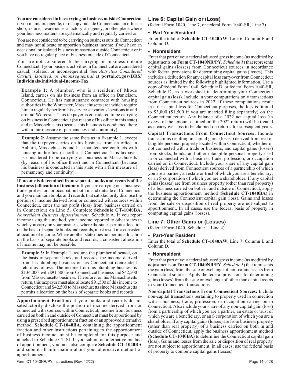 Instructions for Form CT-1040NR / PY Connecticut Nonresident and Part-Year Resident Income Tax Return - Connecticut, Page 14