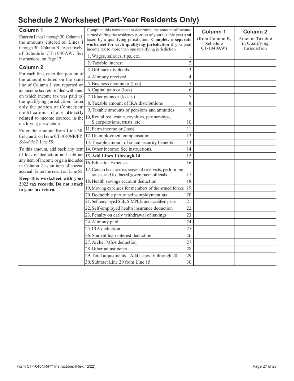 Instructions for Form CT-1040NR / PY Connecticut Nonresident and Part-Year Resident Income Tax Return - Connecticut, Page 27