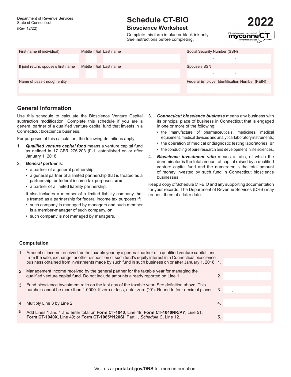 Schedule CT-BIO Bioscience Worksheet - Connecticut, Page 1