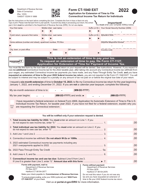 Form CT-1040 EXT Application for Extension of Time to File Connecticut Income Tax Return for Individuals - Connecticut, 2022