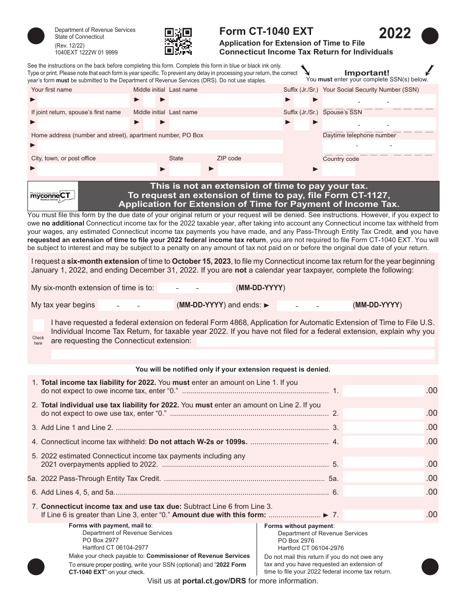Form CT-1040 EXT Application for Extension of Time to File Connecticut Income Tax Return for Individuals - Connecticut, Page 1