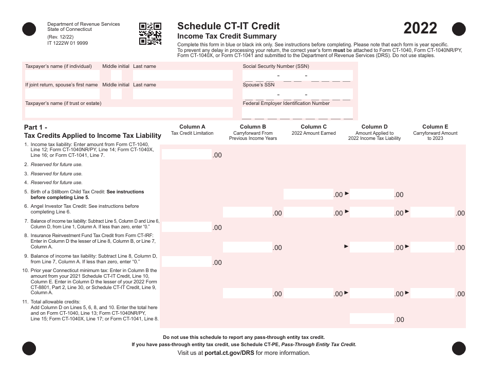Schedule CT-IT CREDIT Income Tax Credit Summary - Connecticut, Page 1