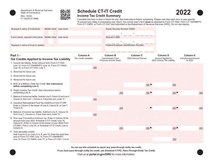 Schedule CT-IT CREDIT Income Tax Credit Summary - Connecticut, 2022