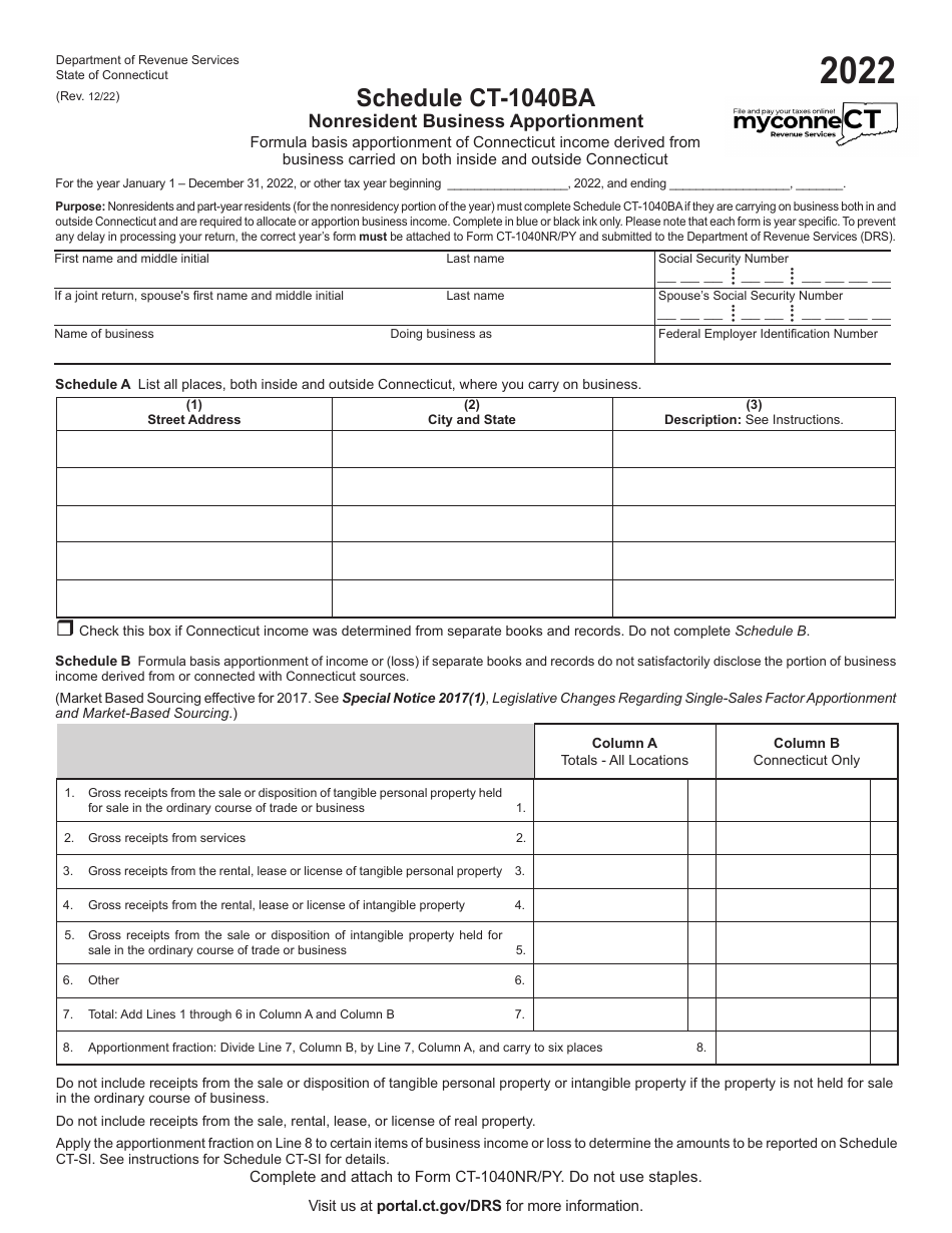 Schedule CT-1040BA Nonresident Business Apportionment - Connecticut, Page 1