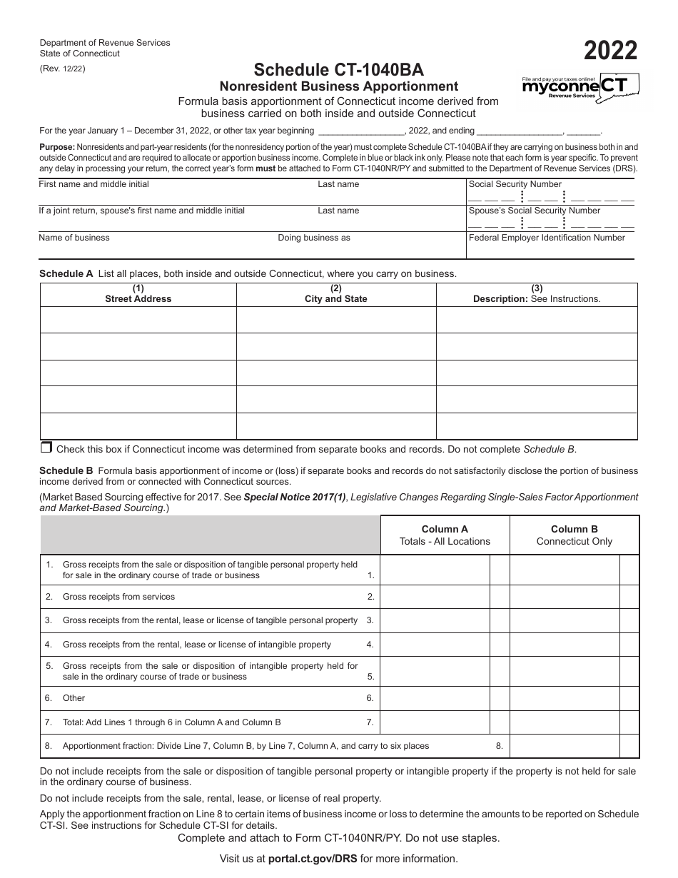 Schedule Ct 1040ba Download Printable Pdf Or Fill Online Nonresident Business Apportionment 4182