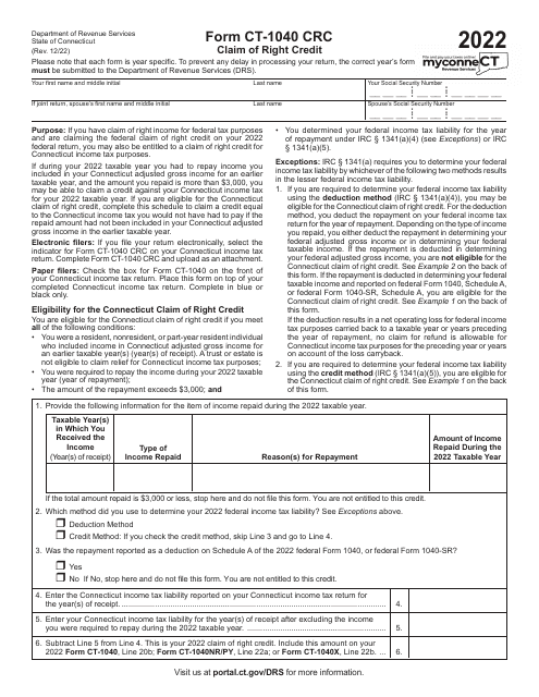 Form CT-1040 CRC Claim of Right Credit - Connecticut, 2022