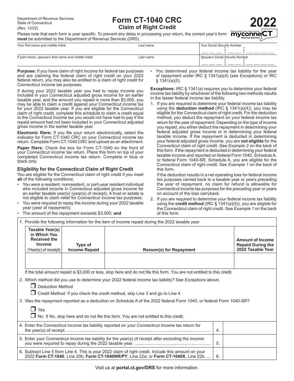 Form CT1040 CRC Download Printable PDF or Fill Online Claim of Right