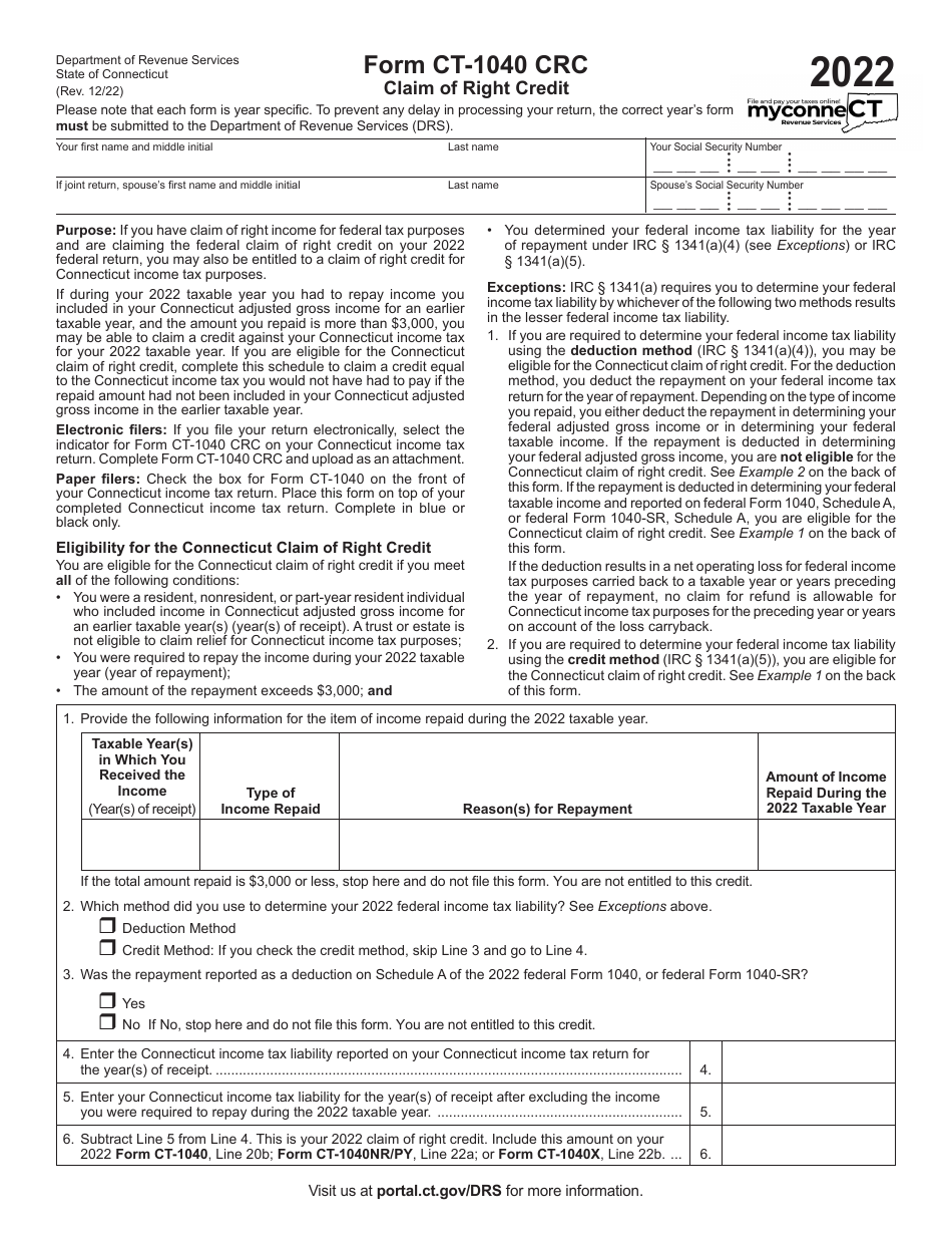 Form CT-1040 CRC Claim of Right Credit - Connecticut, Page 1