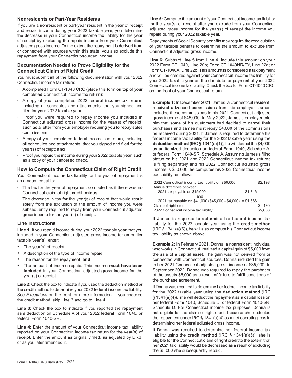 Form CT-1040 CRC Download Printable PDF or Fill Online Claim of Right ...