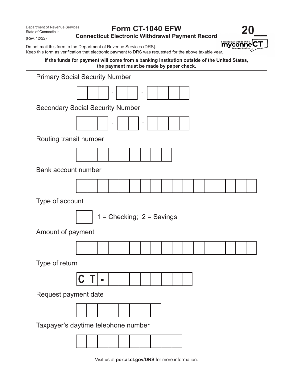 Form CT-1040 EFW Connecticut Electronic Withdrawal Payment Record - Connecticut, Page 1