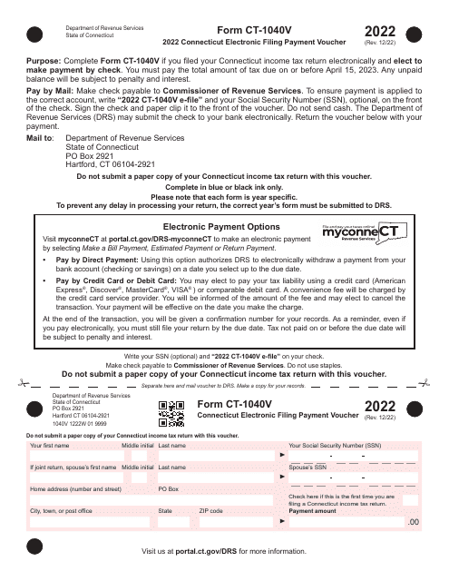 Form CT-1040V Connecticut Electronic Filing Payment Voucher - Connecticut, 2022