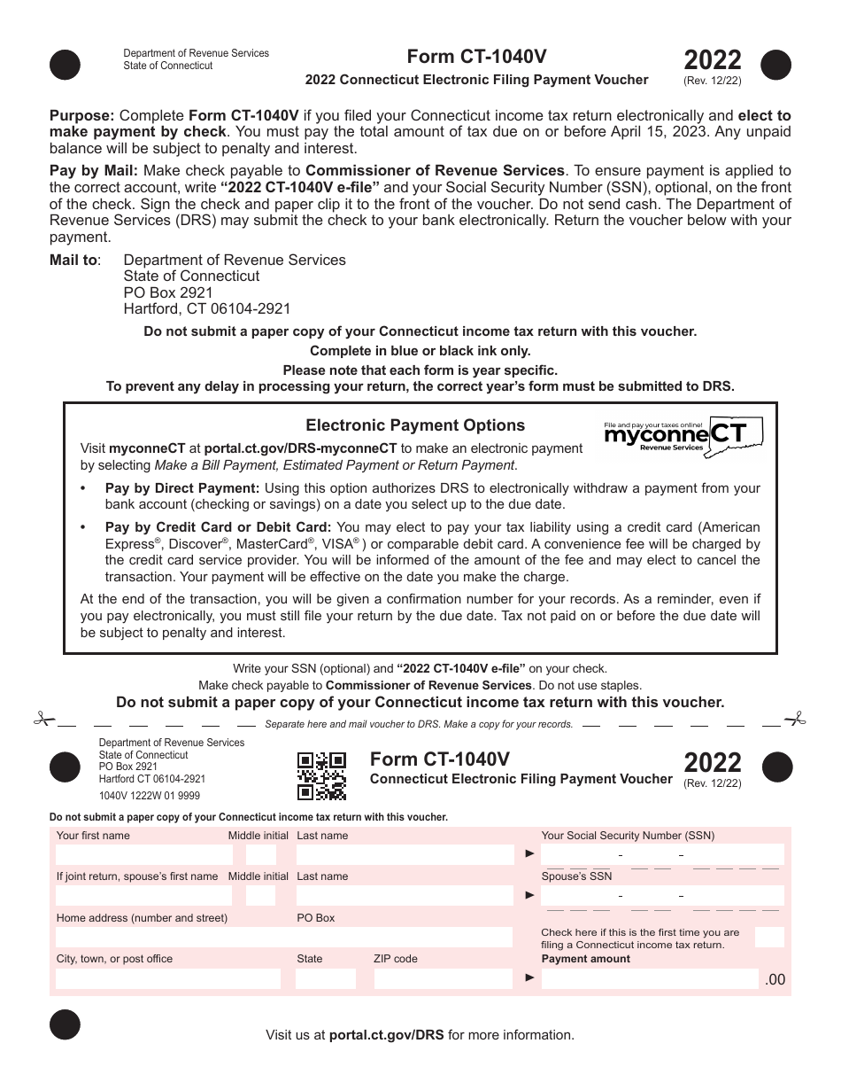 Form CT-1040V Connecticut Electronic Filing Payment Voucher - Connecticut, Page 1