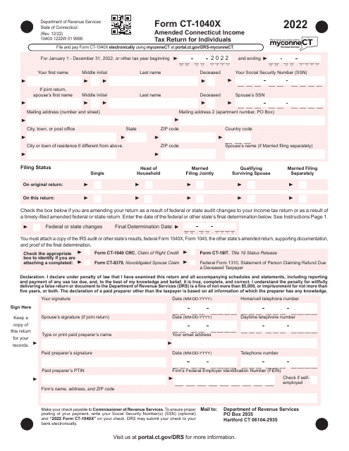 Form CT-1040X Amended Connecticut Income Tax Return for Individuals - Connecticut, 2022