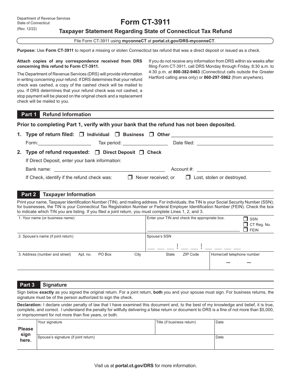 Form CT-3911 Taxpayer Statement Regarding State of Connecticut Tax Refund - Connecticut, Page 1