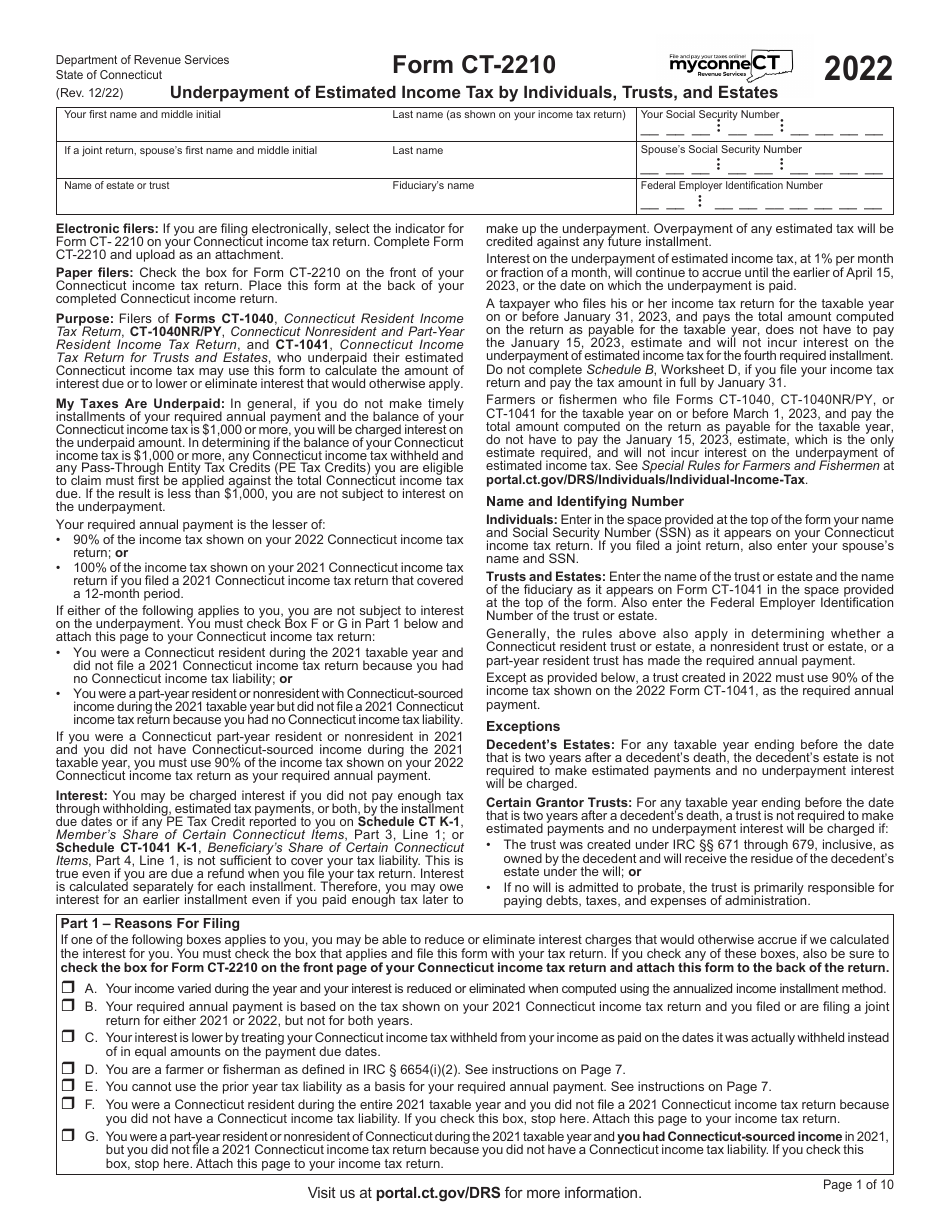 Form CT-2210 Underpayment of Estimated Income Tax by Individuals, Trusts, and Estates - Connecticut, Page 1