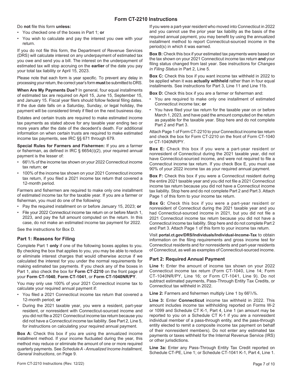 Form CT-2210 Underpayment of Estimated Income Tax by Individuals, Trusts, and Estates - Connecticut, Page 7