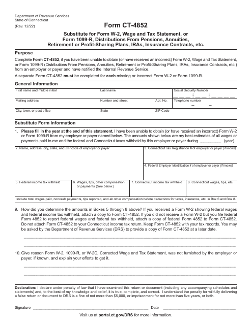 Form CT-4852 Substitute for Form W-2, Wage and Tax Statement, or Form 1099-r, Distributions From Pensions, Annuities, Retirement or Profit-Sharing Plans, IRAs, Insurance Contracts, Etc. - Connecticut, 2022