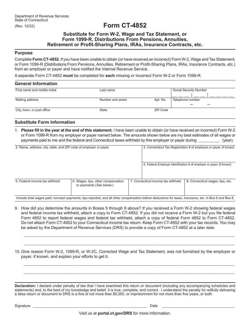 Form CT-4852 Substitute for Form W-2, Wage and Tax Statement, or Form 1099-r, Distributions From Pensions, Annuities, Retirement or Profit-Sharing Plans, IRAs, Insurance Contracts, Etc. - Connecticut, Page 1