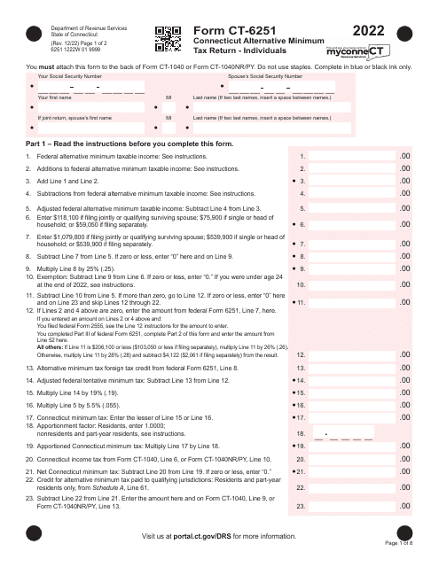 Form CT-6251 Connecticut Alternative Minimum Tax Return - Individuals - Connecticut, 2022