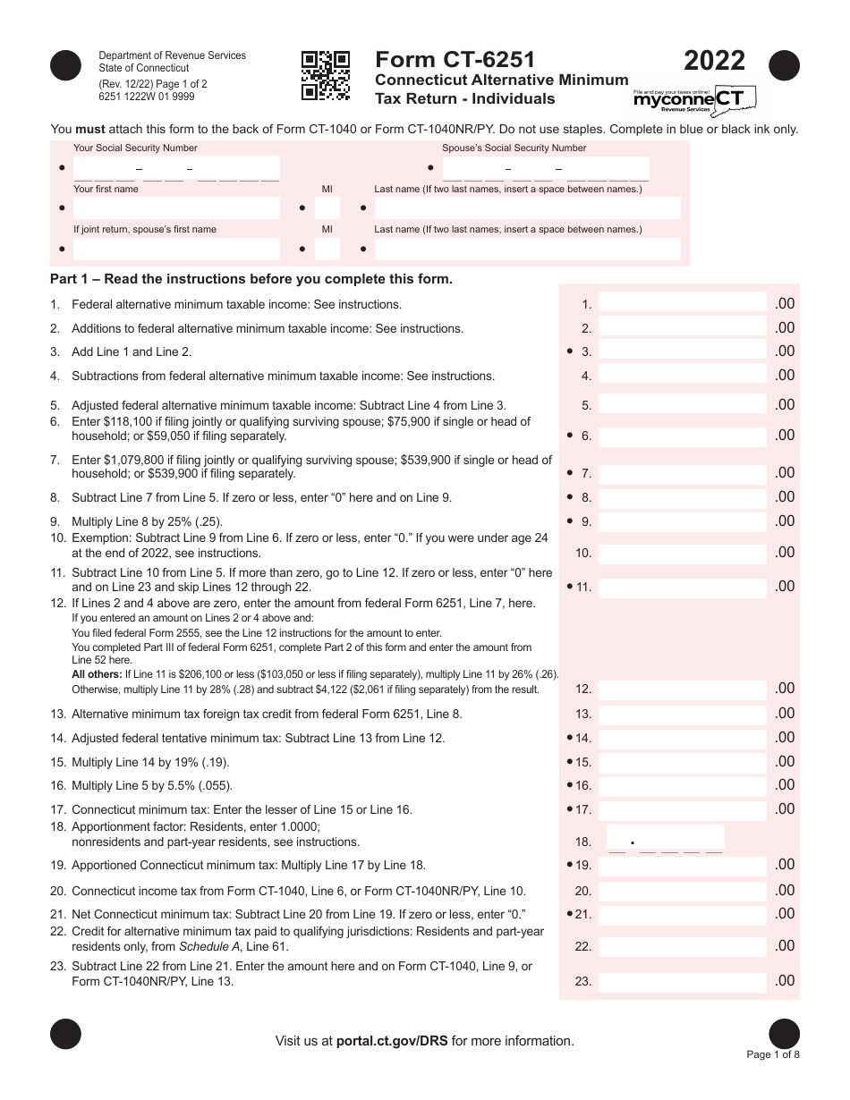 Form CT-6251 Connecticut Alternative Minimum Tax Return - Individuals - Connecticut, Page 1