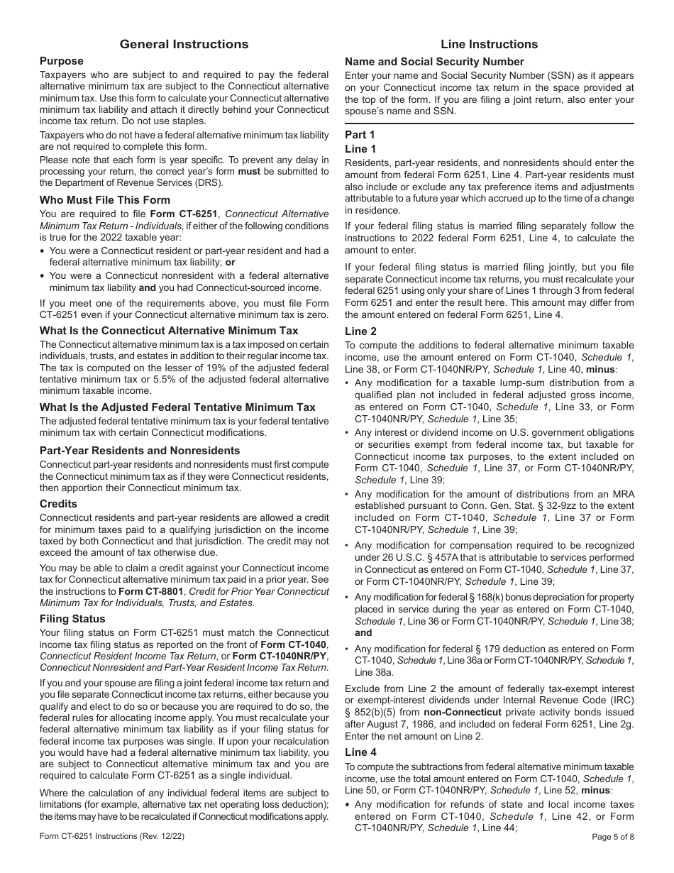Form CT-6251 Connecticut Alternative Minimum Tax Return - Individuals - Connecticut, Page 5