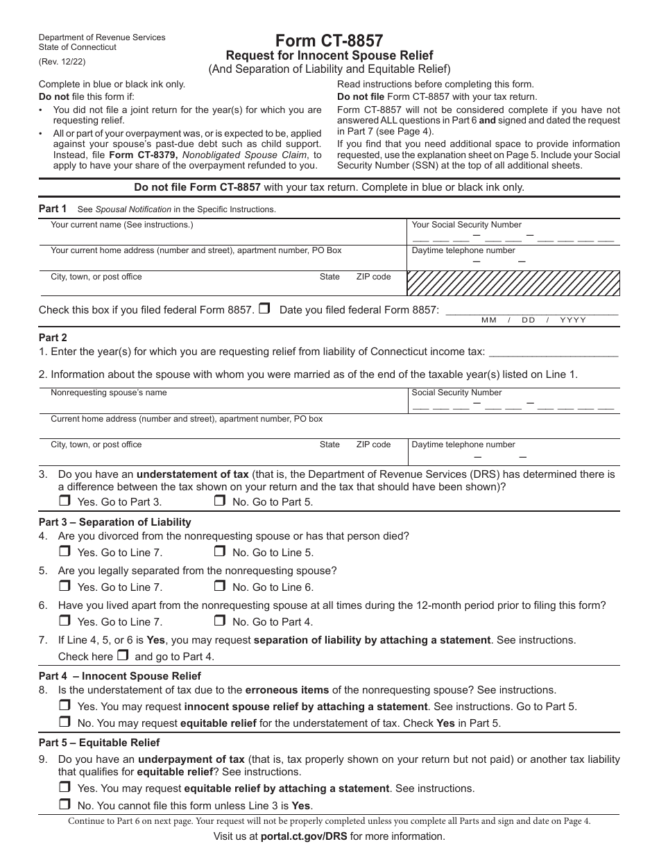 Form CT-8857 Request for Innocent Spouse Relief - Connecticut, Page 1