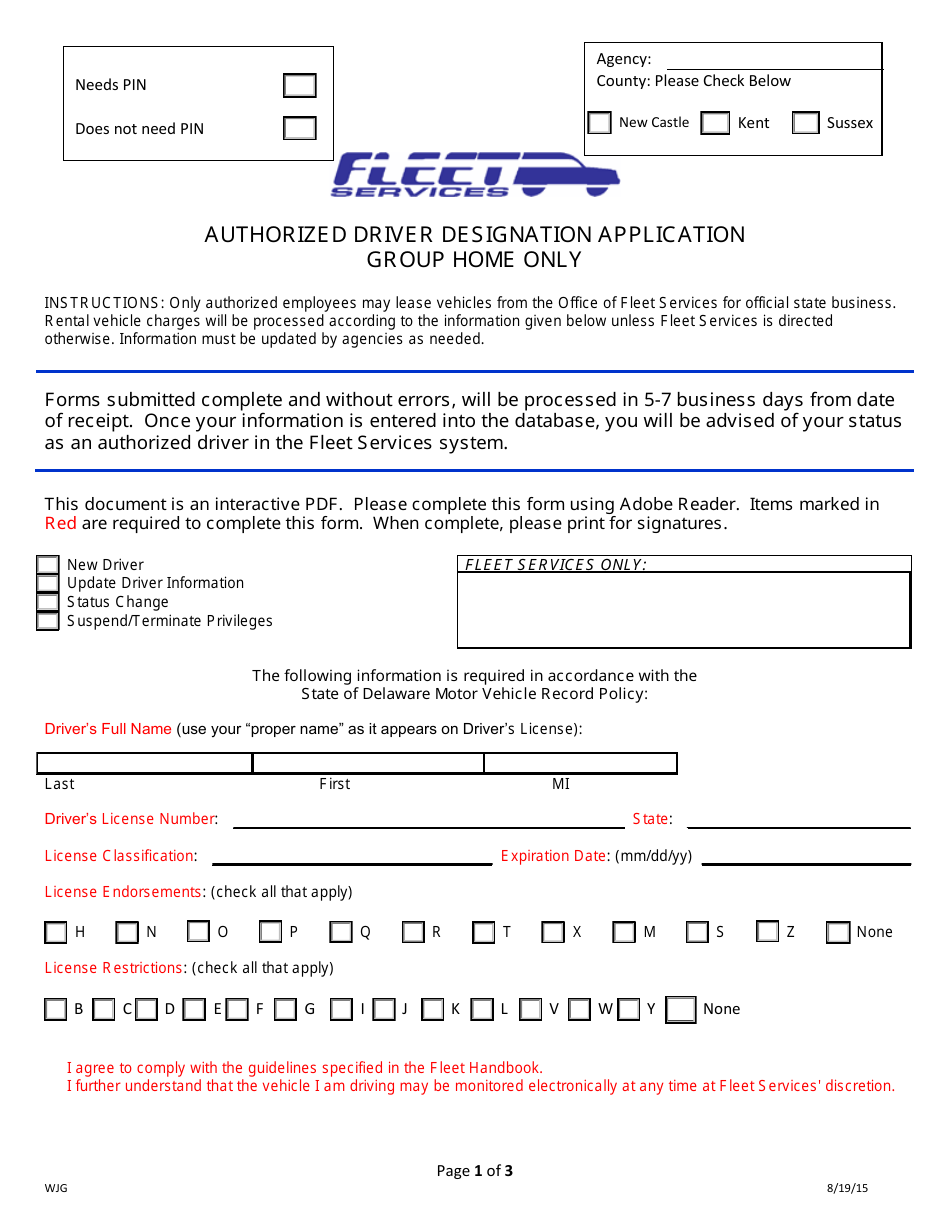 Authorized Driver Designation Application - Group Home Only - Delaware, Page 1