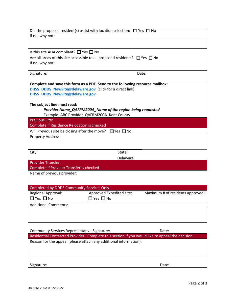 Form QA FRM200A Request to Develop a Provider Managed Residential Site - Delaware, Page 2