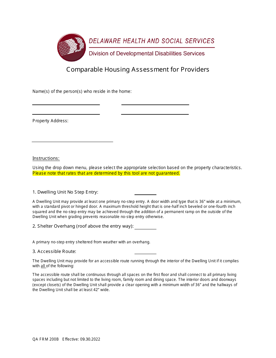 Form QA FRM200B Comparable Housing Assessment for Providers - Delaware, Page 1