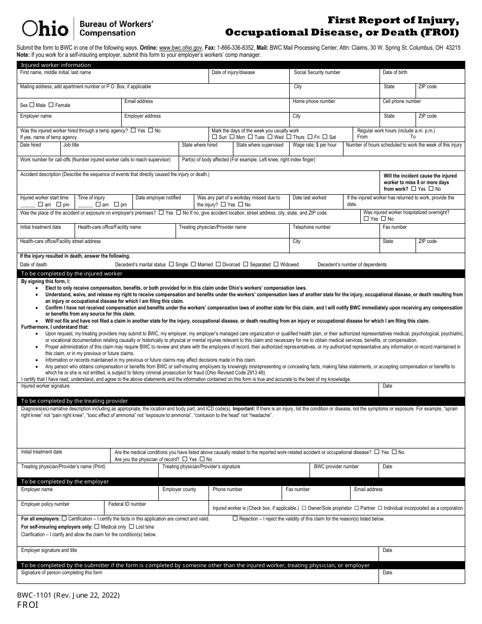 Form FROI (BWC-1101) - Fill Out, Sign Online And Download Printable PDF ...