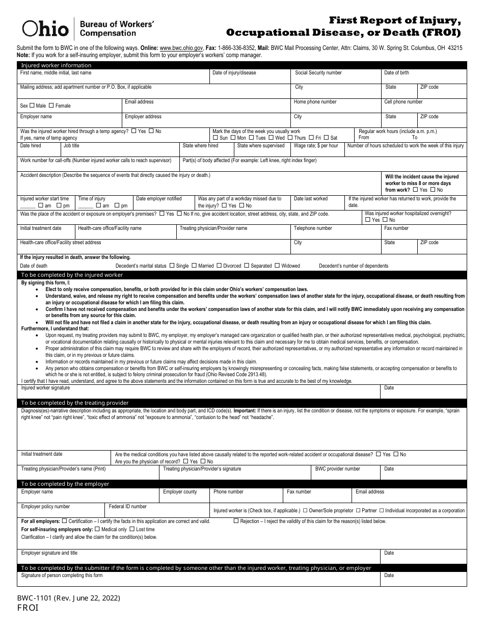 Form FROI (BWC-1101) First Report of Injury, Occupational Disease, or Death (Froi) - Ohio, Page 1