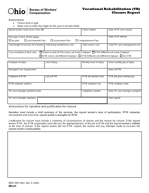 Form RH-21 (BWC-2972) Vocational Rehabilitation (Vr) Closure Report - Ohio, 2022