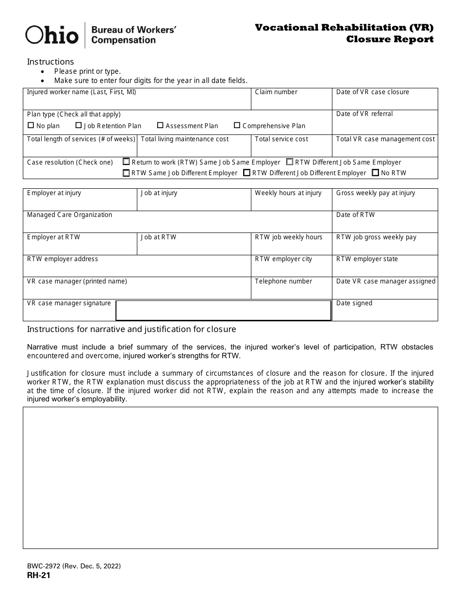 Form RH-21 (BWC-2972) Vocational Rehabilitation (Vr) Closure Report - Ohio, Page 1