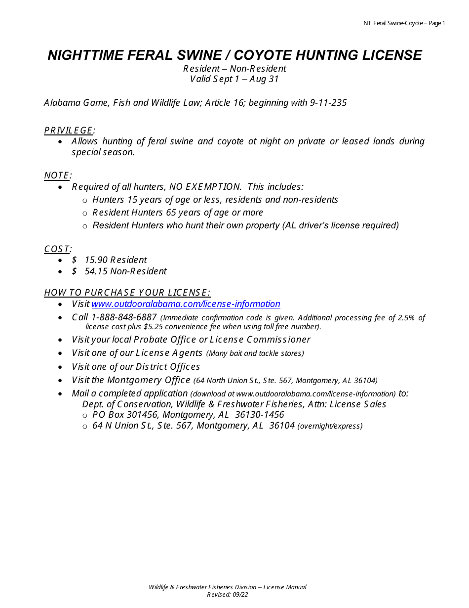 2023 Alabama Nighttime Feral Swine/Coyote Hunting License Fill Out