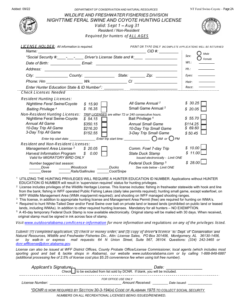 Nighttime Feral Swine / Coyote Hunting License - Alabama, Page 2