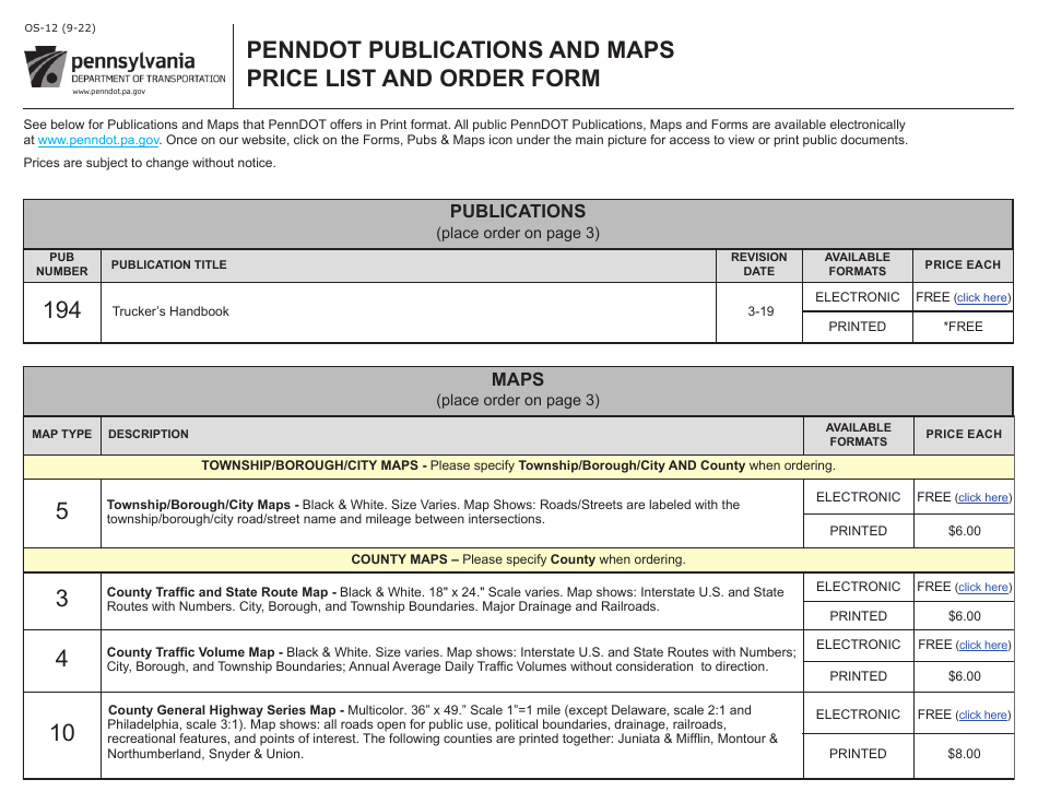 Form OS-12 Penndot Publications and Maps Price List and Order Form - Pennsylvania, Page 1
