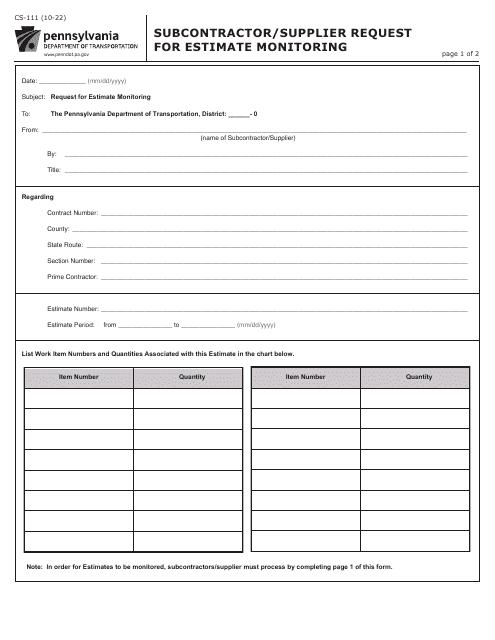 Form CS-111 Subcontractor/Supplier Request for Estimate Monitoring - Pennsylvania