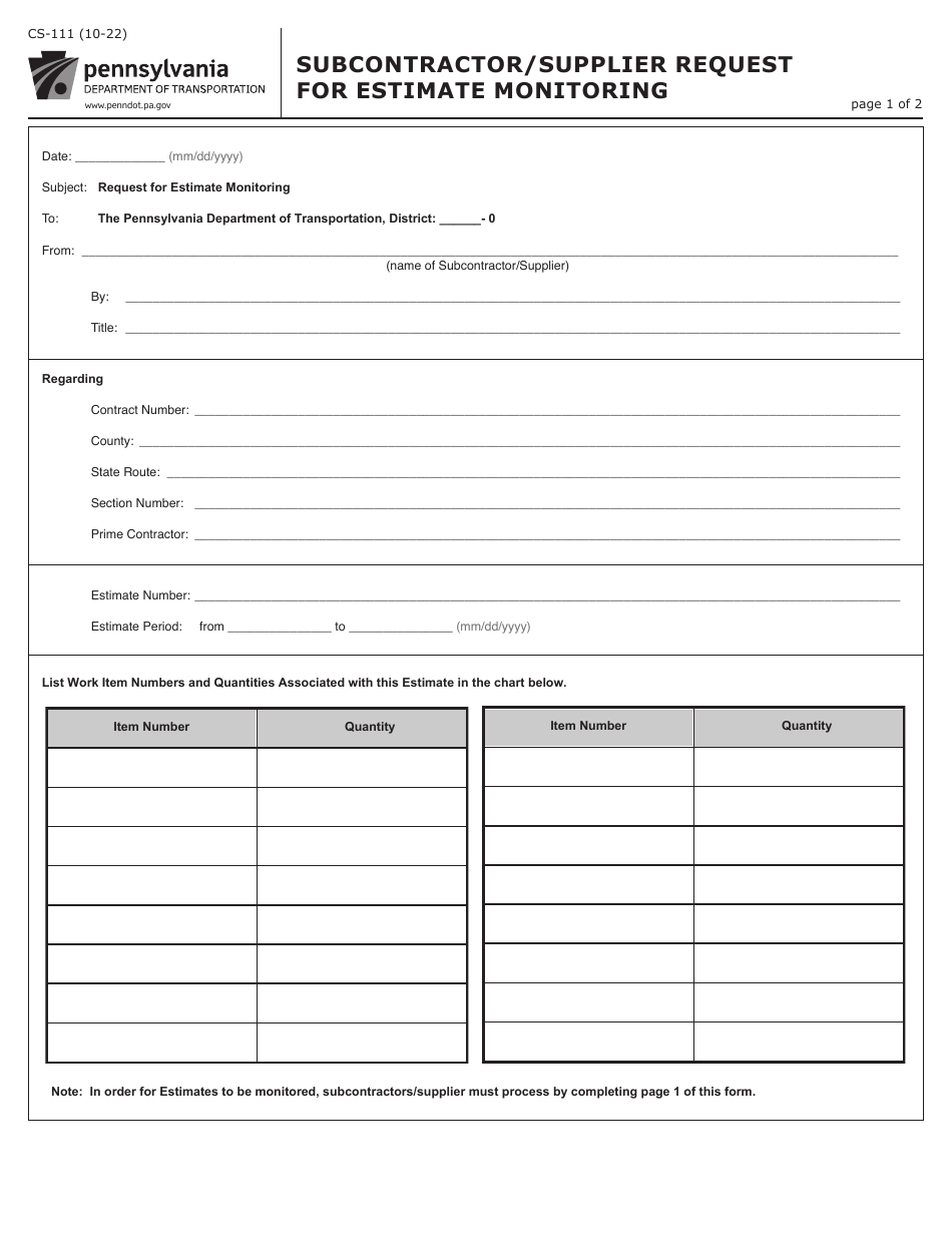 Form CS-111 Subcontractor / Supplier Request for Estimate Monitoring - Pennsylvania, Page 1