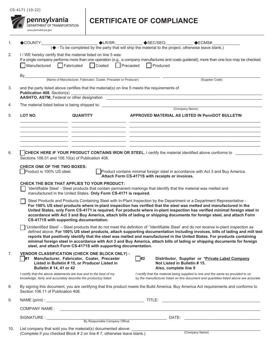 Form CS-4171 Certificate of Compliance - Pennsylvania, Page 1