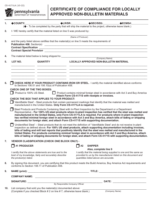 Form CS-4171LA Certificate of Compliance for Locally Approved Non-bulletin Materials - Pennsylvania