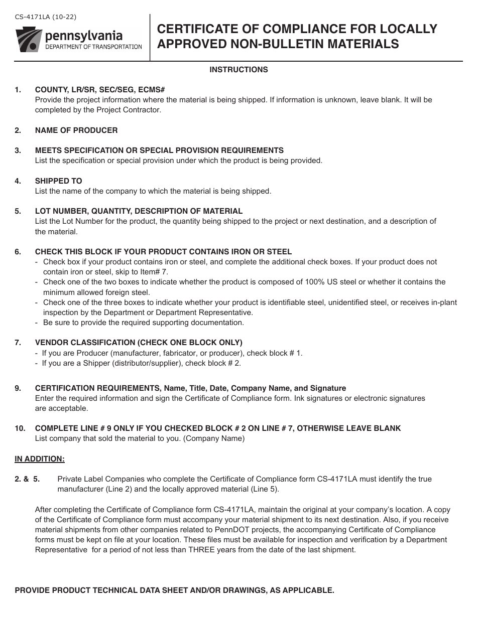 Form CS-4171LA Certificate of Compliance for Locally Approved Non-bulletin Materials - Pennsylvania, Page 2