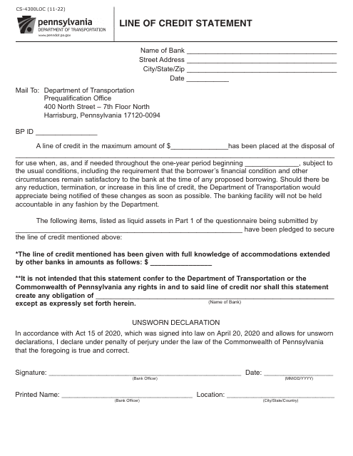 Form CS-4300LOC Line of Credit Statement - Pennsylvania