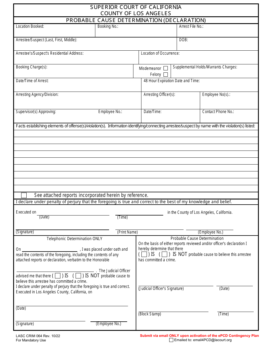 Form CRIM064 Probable Cause Determination (Declaration) - County of Los Angeles, California, Page 1